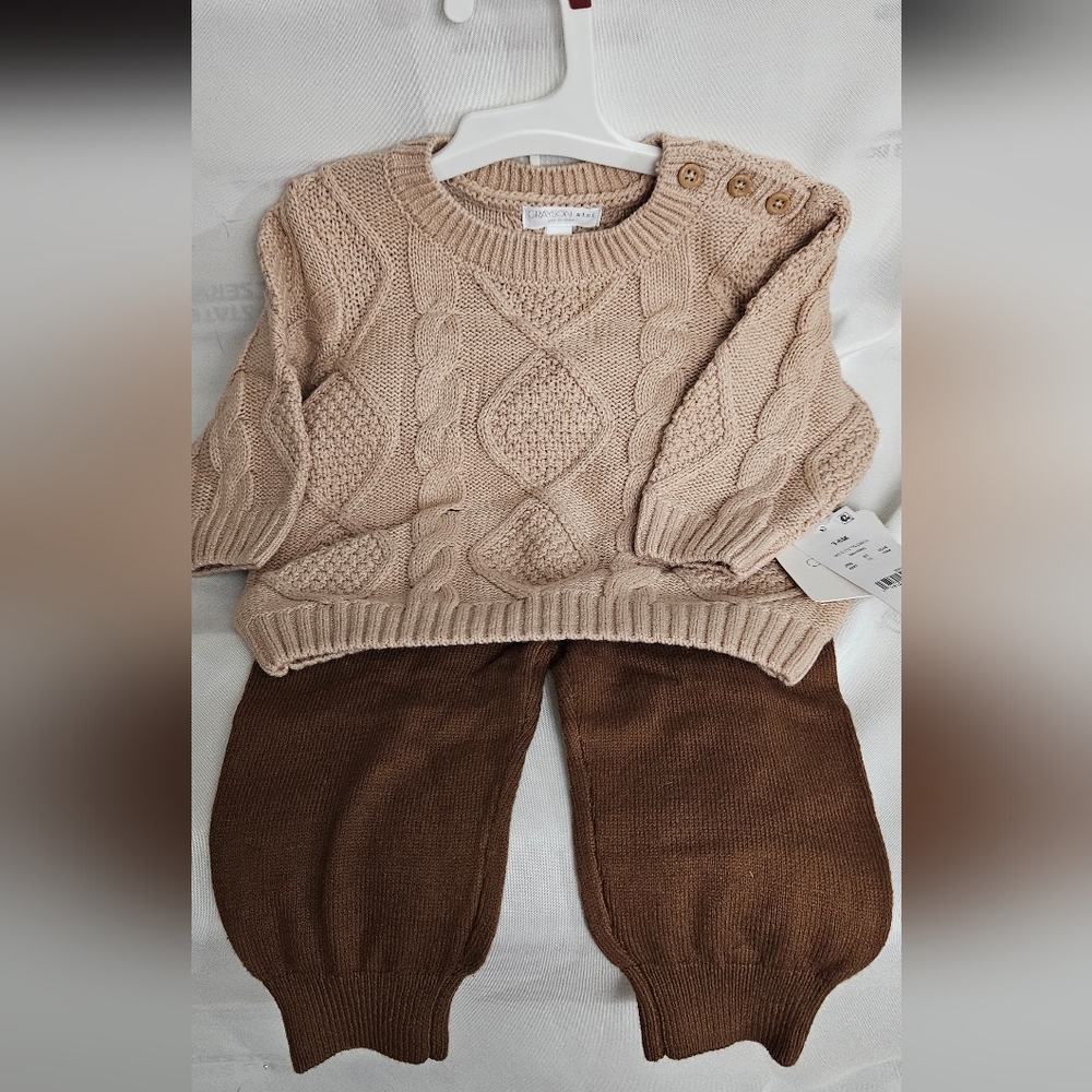 GRAYSON MINI Infant Tan Crew Cable Top & Brown Bottom Outfit | Size 3-6M | NWT